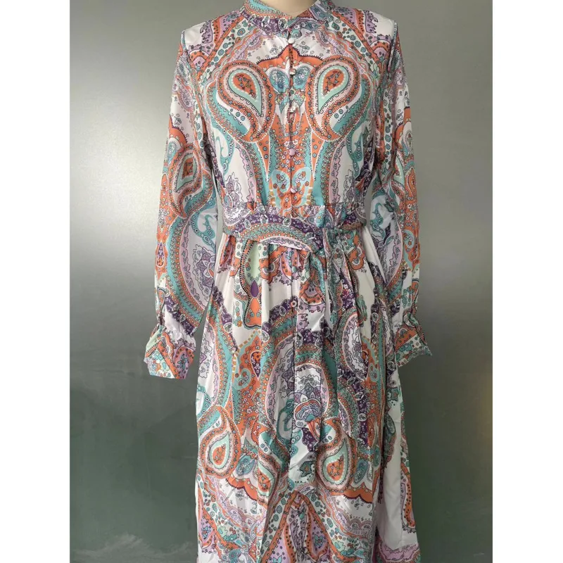 Fashion Vintage Single Breast Stand Collar Print Dress High Waist Lantern Sleeve Loose Vestidos Spring Lady Cuasal Vocation Robe - Image 4