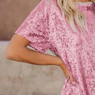 Women's Summer Sequin Midi Dress Casual Crew Neck Short Sleeve T-shirt Dress Sparkly Lose-fit Medium-length Cocktail Party Dress