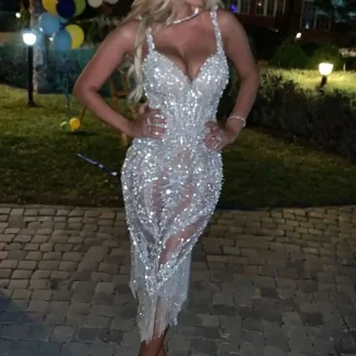 Lady Deep V Strapless Tight Sequin Chic Tassel Hip Wrap Club Summer Sexy Sleeveless Slim Solid Evening Dress Vestido