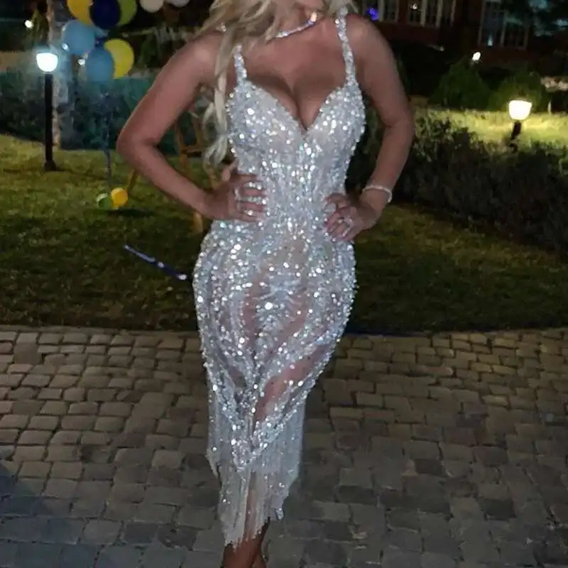 Lady Deep V Strapless Tight Sequin Chic Tassel Hip Wrap Club Summer Sexy Sleeveless Slim Solid Evening Dress Vestido