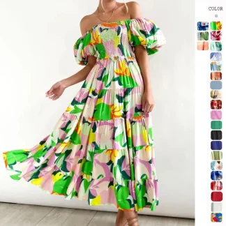 2024 Summer New Euro-American Style Puff Sleeve Vacation Slimming Long Dress Sexy High-Waisted Off-Shoulder Printed Dress For Wo