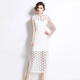 Summer Dress Women 2025 Vintage Birthday Dress for Women Hollow Out Round Neck Slit Sleeveless Dress OL Fashion Women Clothing