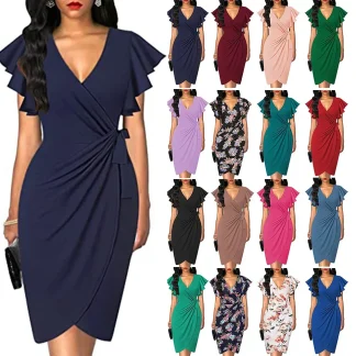 Amazon Printing V-Neck Ruffles Waist-Fitted Trumpet Sleeves Body Conscious Dress Olive Lims Smooths Your Silhouette Dress