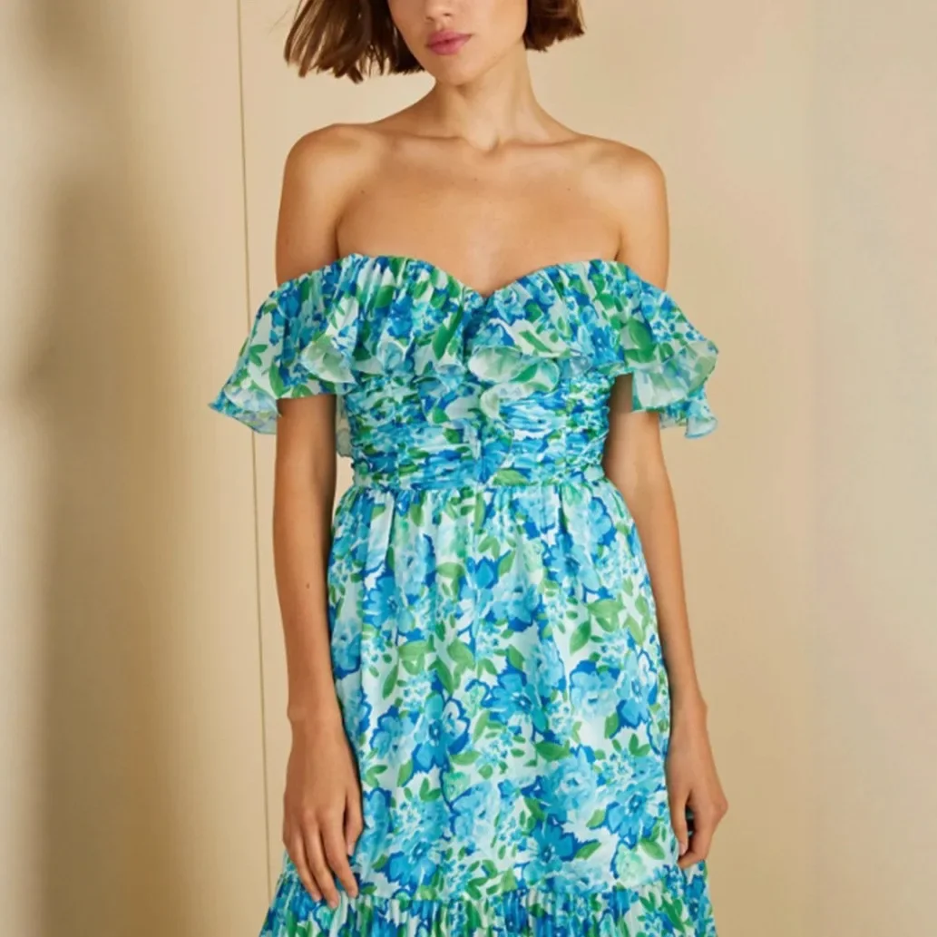 Elegant Fashionable Multi-Layered Strapless Chiffon Print Dress New Autumn Women's Clothing Short Sleeve Empire Waist Midi Dress - Image 3