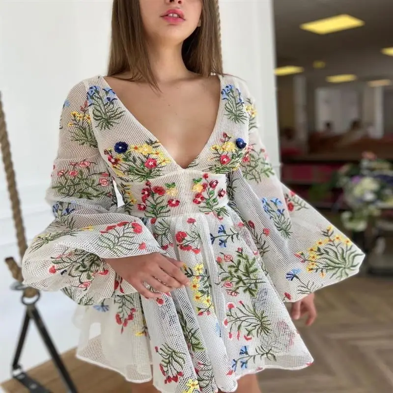 2025 Summer New Women's Mesh Embroidered Design Lantern Sleeve Fairy Birthday Party Dress - Image 6