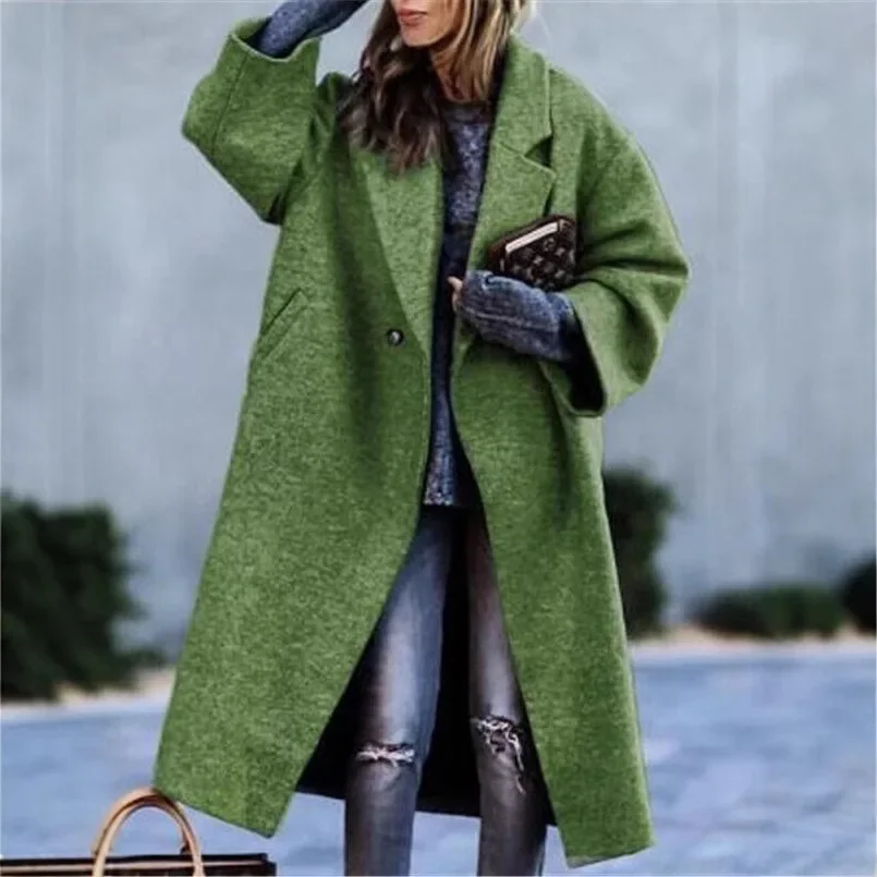 Spring Hot Sale Of The Season Women's Casual Long Pure Color Warm Woolen Coat Durable Polyester Fiber V-Neck Full Sleeve Geometr - Image 2